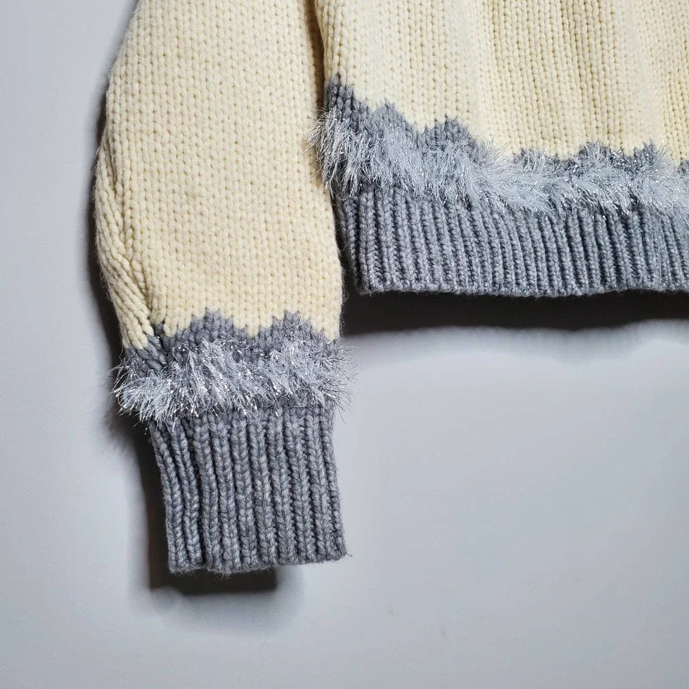 LOU & GREY • Irish Cream Festive Metallic Accent Fair Isle Mockneck Sweater Sz M - Picture 4 of 9